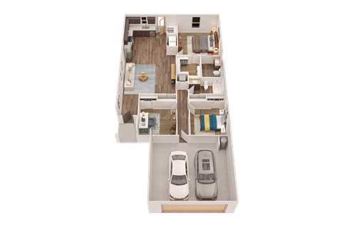 A 3D floor plan of a house with a kitchen, living room, and two bedrooms.
